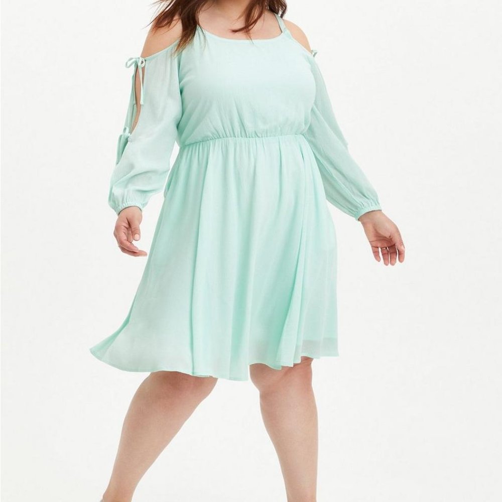 Mini Gauze Cold Shoulder Skater Dress Aqua